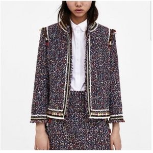 Zara Woman Fringe Tweed Blazer Navy size M
